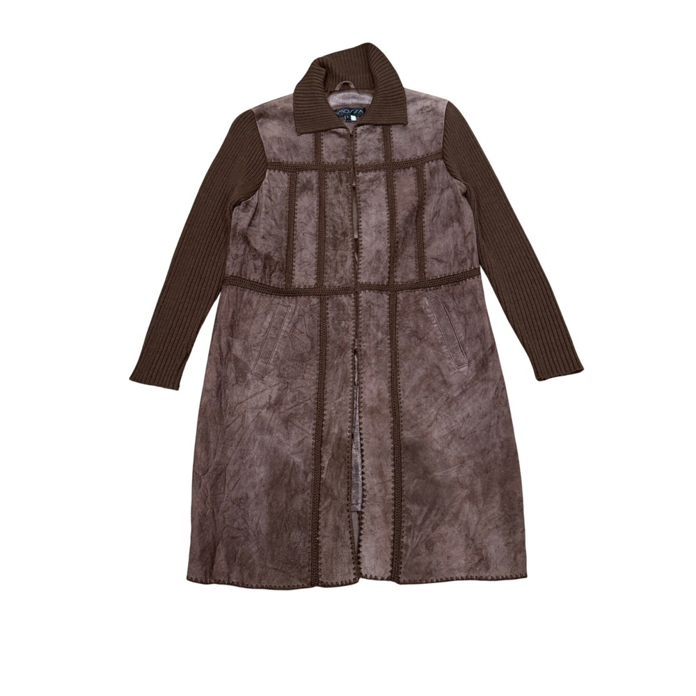 Mimossa Brown Leather Suede Knit Sleeve Whipstitch Long Duster Coat L Boho